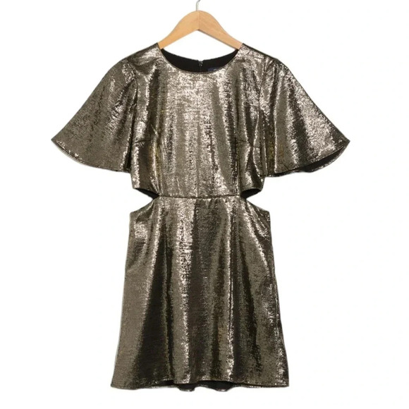 French Connection Alara Metallic Flutter Sleeve Cutout Minidress Gold Size 2 NWT - Picture 2 of 10